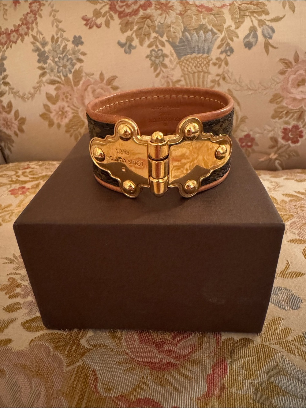 Louis Vuitton Monogram Leather Cuff Bracelet with Gold-Tone Hinged Clasp
